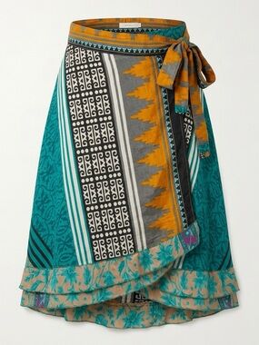 100% SILK Printed Tie-Waist  - Teal & Mustard Skirt
